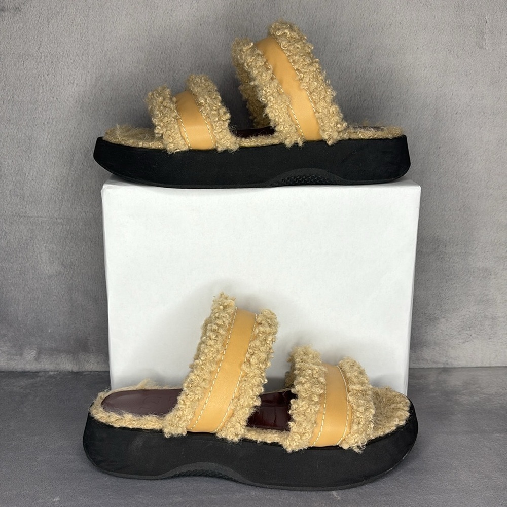 STAUD Siesta Sherpa Slide Sandals Tan Shearling Platform Size 7 / 37